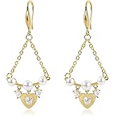 Gold Heart Pearl Triangle Chain Earrings for Women 14K Gold Plated Dangle Pearl Cubic Zirconia Heart Earrings Drop CZ Heart Pearl Bar Chain Earrings Trendy Party Summer Beach Jewelry Gifts for Her