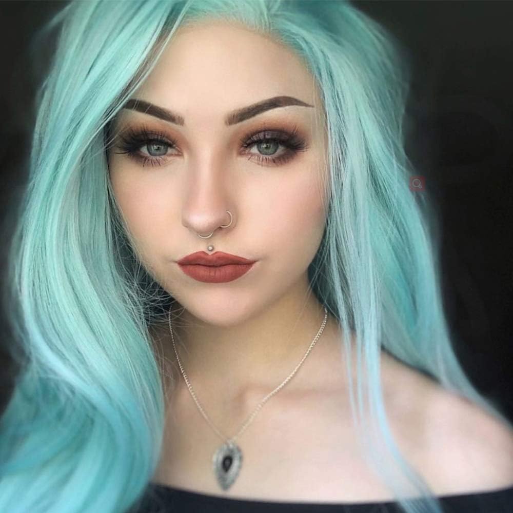 Light Blue Lace Front Wigs for Women Long Wavy Synthetic Baby Blue Wig Middle Part lace Bright Blue Wig Real Hair Wigs Pre-Plucked Hairline Heat Resistant Drag Cosplay 24 Inches