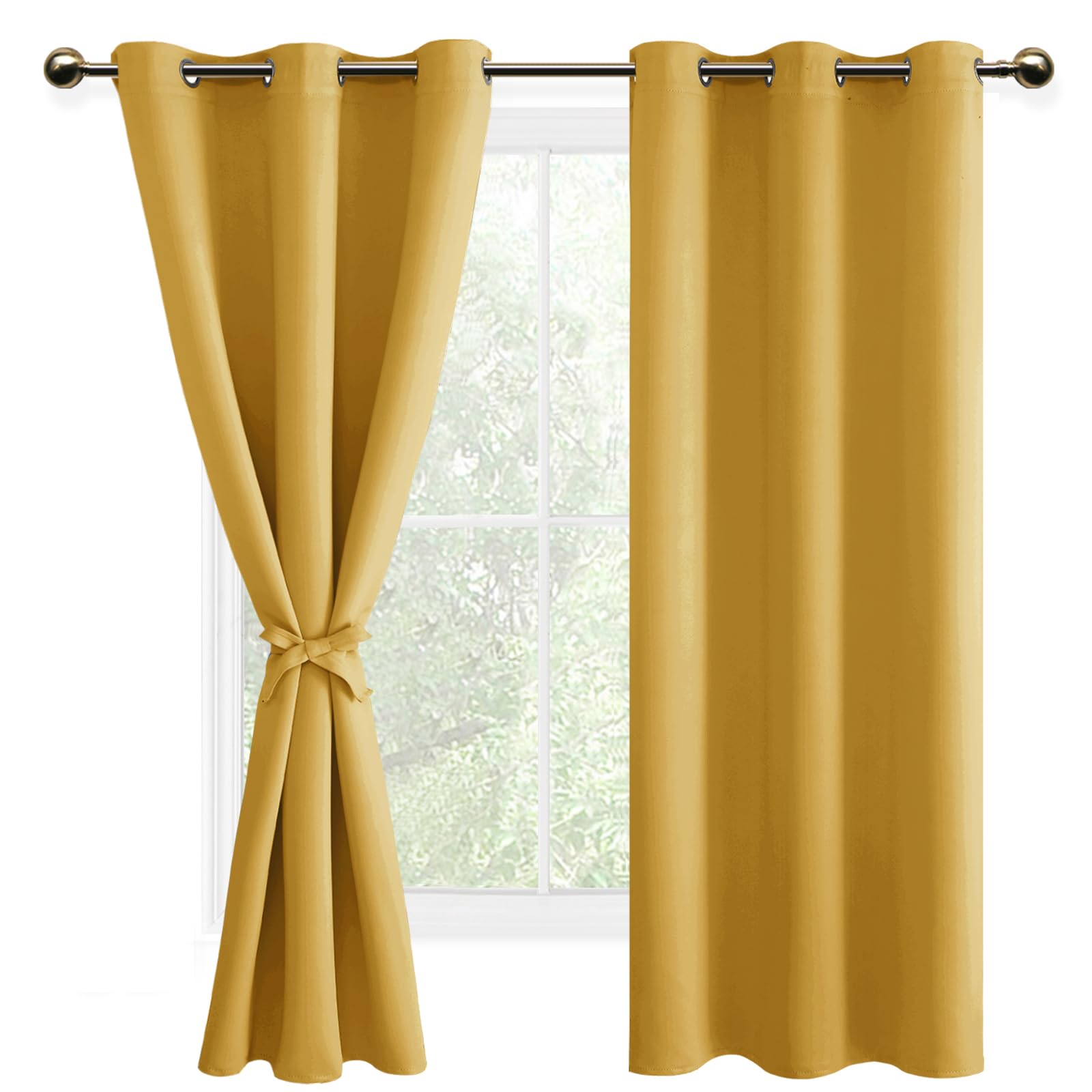 DWCN Blackout Curtains with Tiebacks for Bedroom Thermal Insulated Solid Eyelet Curtains for Living Room,2 Panels,46" Wide x 72" Drop Yellow โ image 1