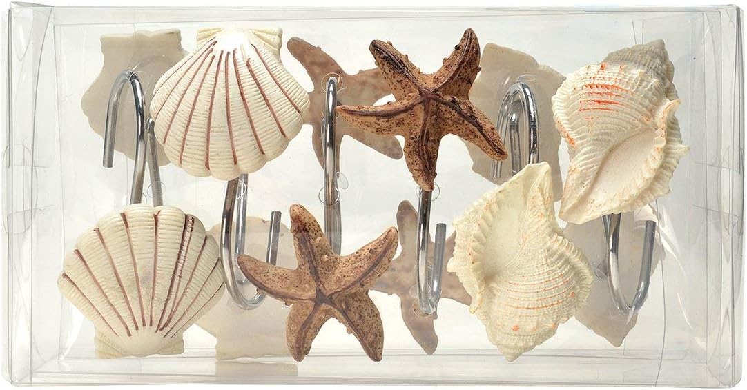 AGPtek 12 PCS Fashion Decorative Home Bathroom Seashell Shower Curtain Hooks (Seashell: Light Brown, Starfish: Tan, Conch: Light Brown): Home & Kitchen