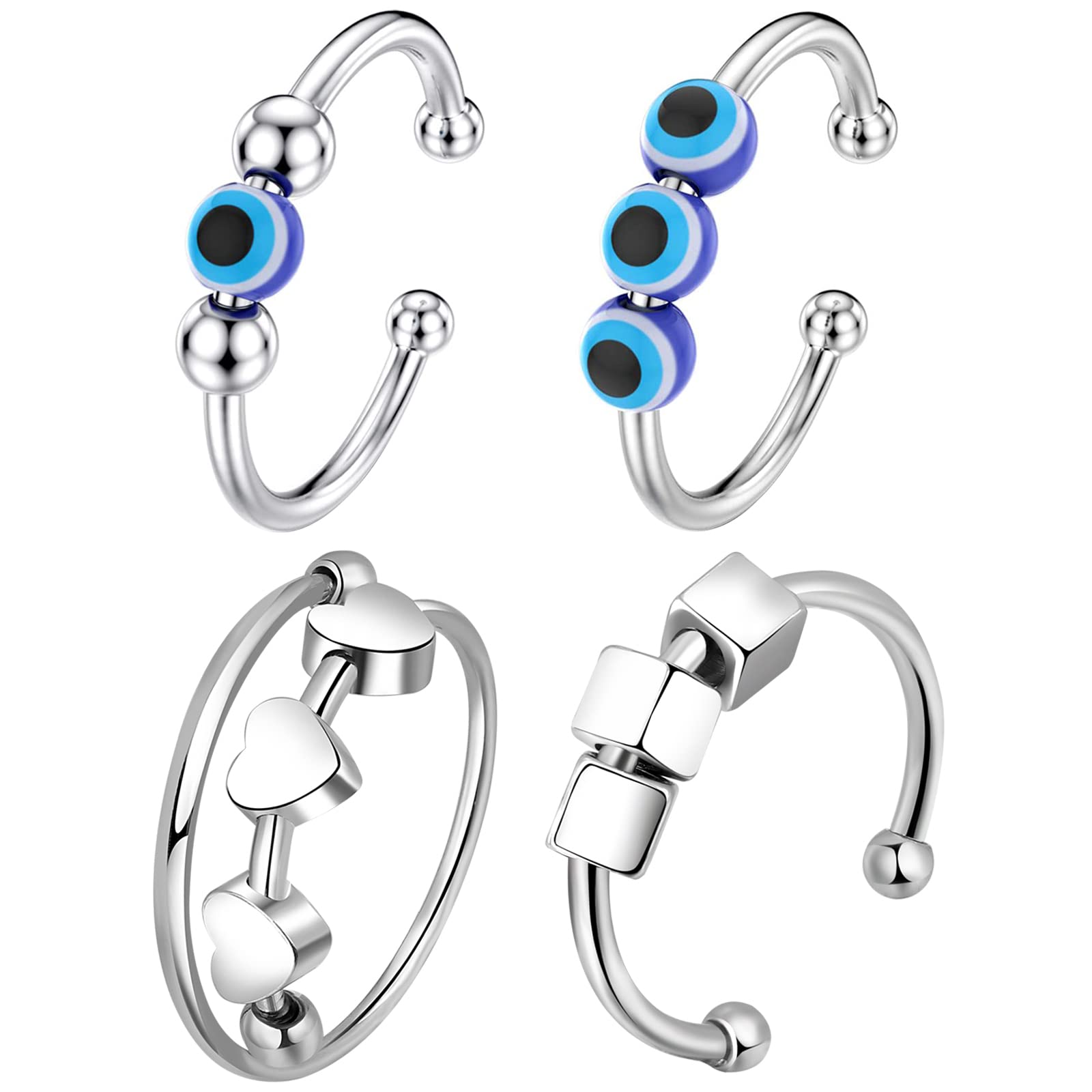 JewelryWe Anxiety Rings for Women, 4 PCS Open Rings Adjustable Fidget Ring Stress Relief Rings with Evil Eye Rings Set