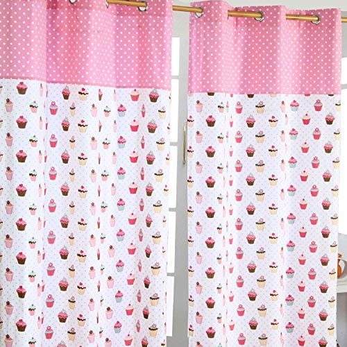 HOMESCAPES 100% Cotton Unlined Eyelet Curtain Pair - Cup Cakes - Red Pink Blue - 137cm (54") Wide x 228cm (90") Drop