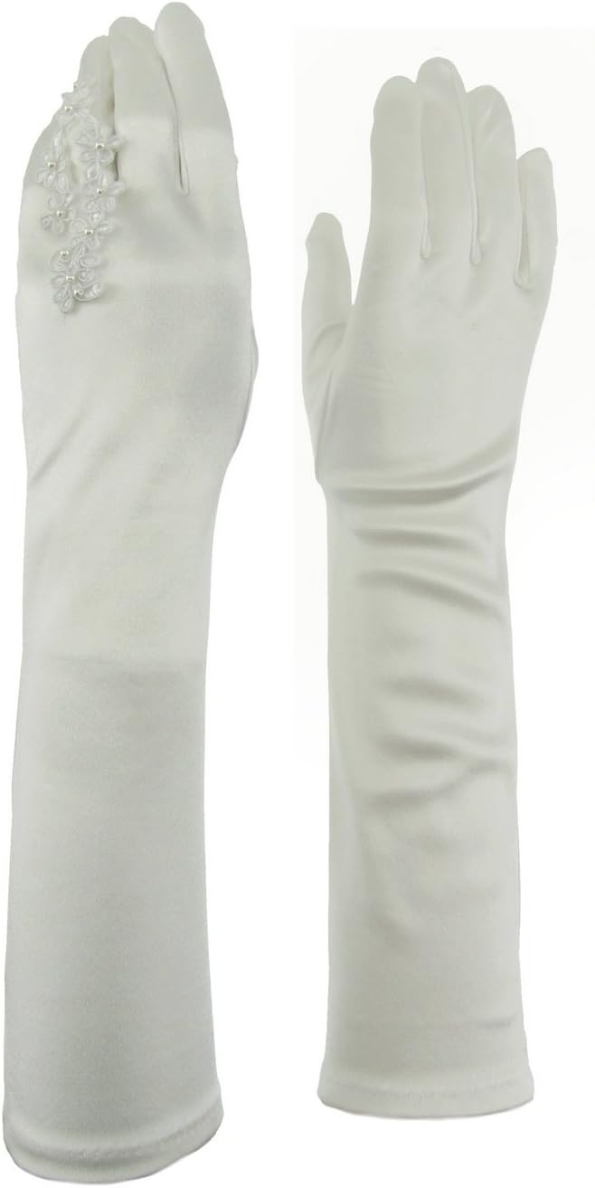 Elbow Length 15-inch Formal Bridal Embroidered Faux Pearl Shinny Satin Gloves