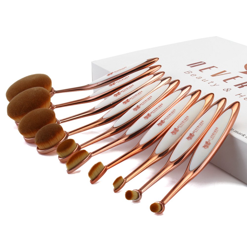 Neverland Beauty 10 Pcs Tooth Brush Shape Oval Makeup Brushes Foundation Contour Powder Rose Gold Eyebrow Blush Eyeshadow Brush Set with Box