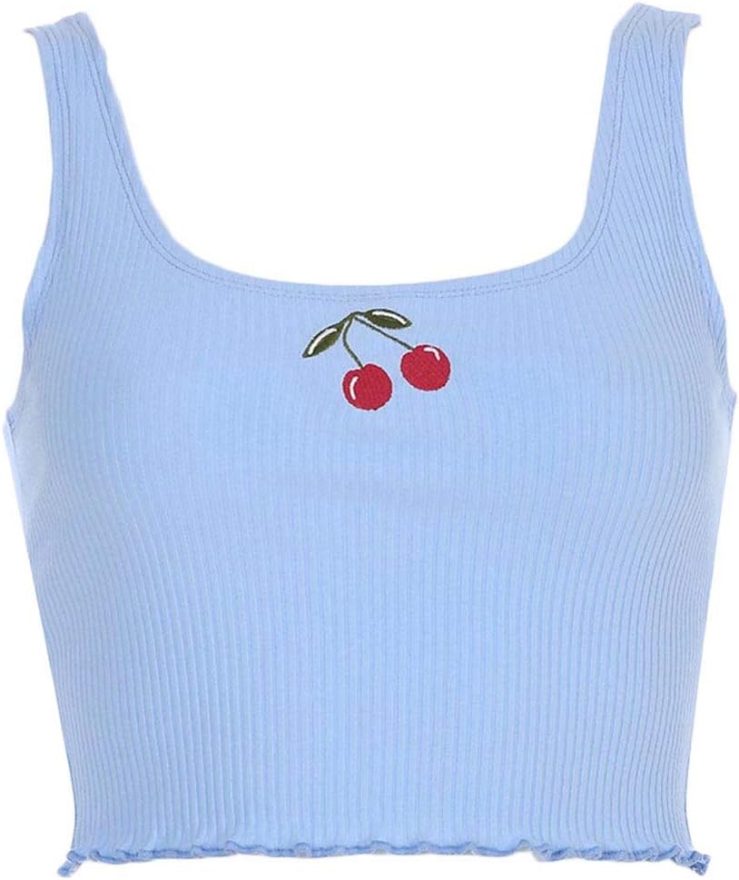 Anxinke Women Sexy Sleeveless Cherry Print Ruffles Crop Tops
