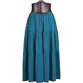YESSA Womens Renaissance Flowy Skirt with Corset Belt,High Waist Ren Faire Medieval Skirt with Pocket,Pirate Costumes Outfit