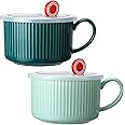 Nuenen 2 Pcs Soup Bowls with Handles and Lids 30 oz Microwave Safe Soup Mug Microwavable Soup Containers with Lids Large Ceramic Soup Cups for Ramen Noodle Cereal kitchen(Blue, Dark Green)