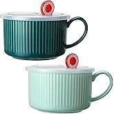 Nuenen 2 Pcs Soup Bowls with Lids Handles 30oz Ceramic,Blue, Dark Green | Microwave Safe Ceramic Soup Mug, microwavable Ramen Containers with Lids, large Colorful Cups for Noodle Cereal Kitchen