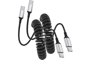 Coiled USB C to USB C Cable 2 Pack, Retractable C to C Cable Fast Charging with USB Type C Cord for Car, USBC Carplay Cord fo