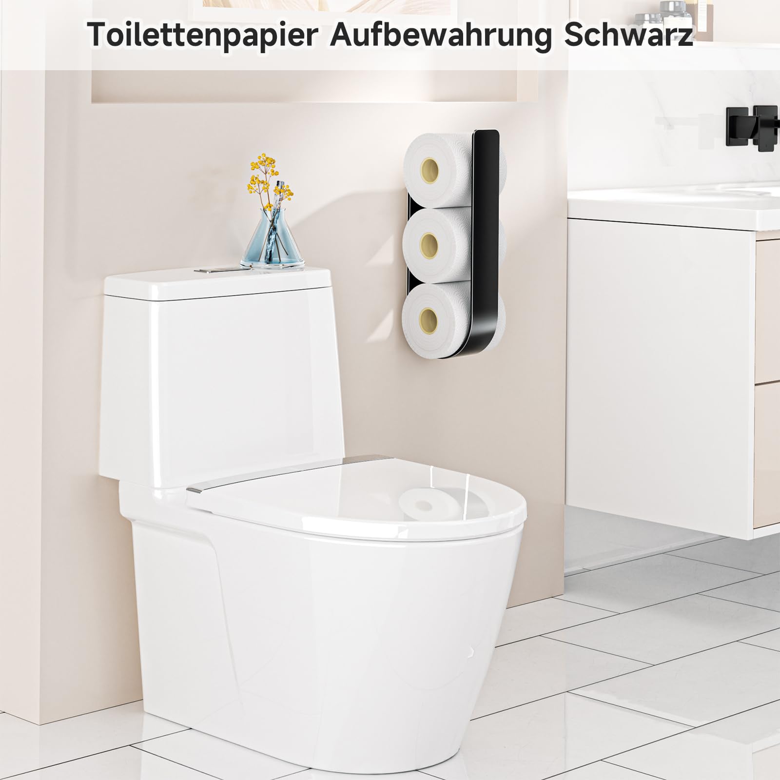 Toilettenpapier Aufbewahrung Wand, Klopapier Aufbewahrung, Toilettenpapierhalter Ohne Bohren, Ersatzrollenhalter Toilettenpapier für 3 Rollen, Selbstklebend Klopapierhalter, Schwarz 3