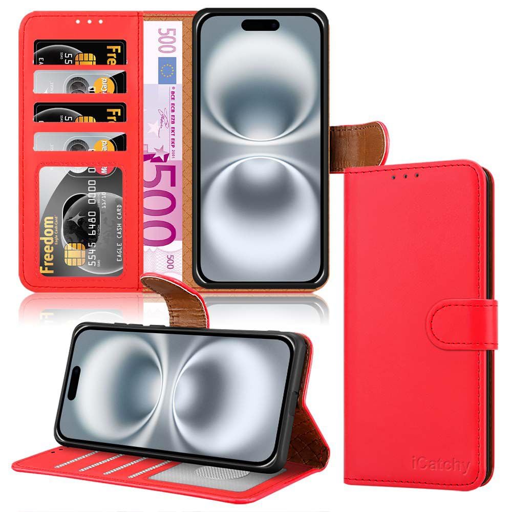 iCatchy iPhone 16 Leather Wallet Case - RFID Blocking Protective Flip Cover with Credit Card Holder Storage & Integrated Kickstand, Red