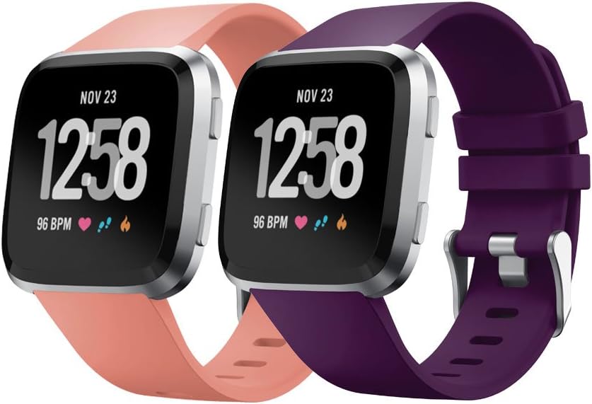 KisFace Fitbit Versa Replacement Silicone Bands, Fitbit Accessories Wristbands Pure Color Series Strap for Fitbit Versa(2 pack),Pink+Purple