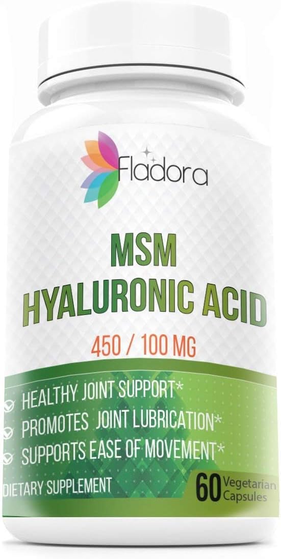 Hyaluronic Acid and MSM Nutritional Supplement, 450/100mg – Anti-Inflammatory Supports Joint Health and Collagen Production for Healthy Skin, 60 Vegetarian Capsules by Fladora, Non-GMO