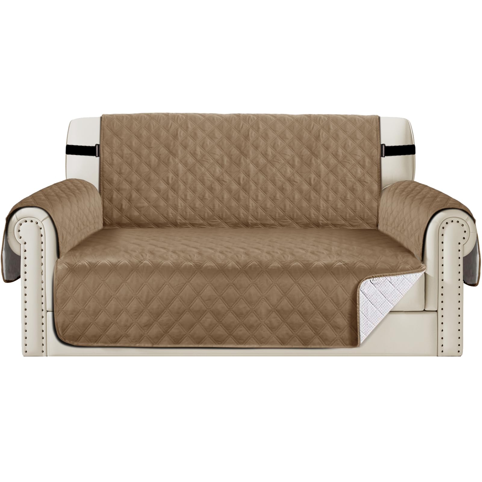 Teynewer Sofa Covers 100% Waterproof 2 Seater Sofa Slipcovers Reversible Washable Furniture Protector, Non-Slip Washable with Adjustable Elastic Straps Couch Settee Covers for Kids, Dogs, Pets, Taupe