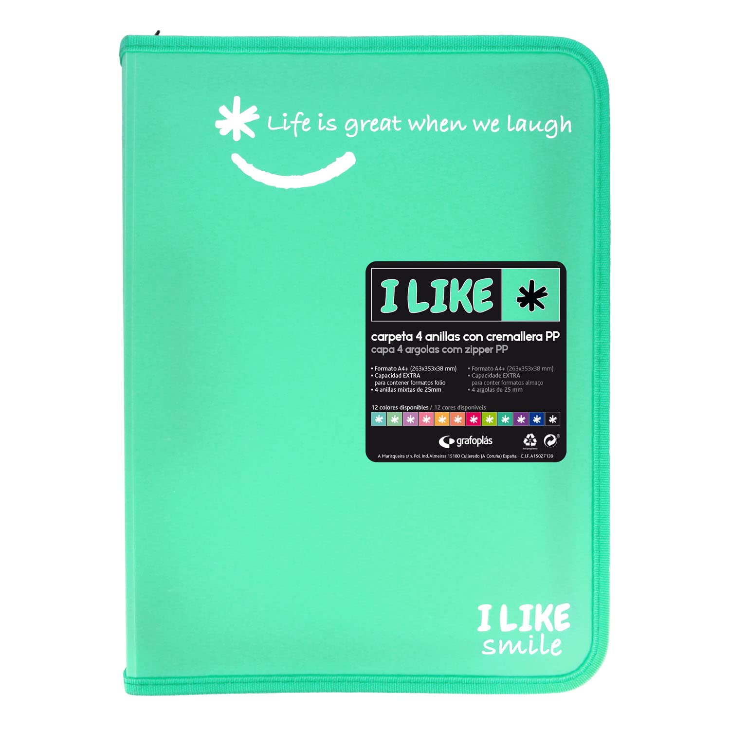 Grafoplás 4800926 Ring Binder with Zipper, A4+, Mint Green, 4 Rings 25 mm, Like, Polypropylene
