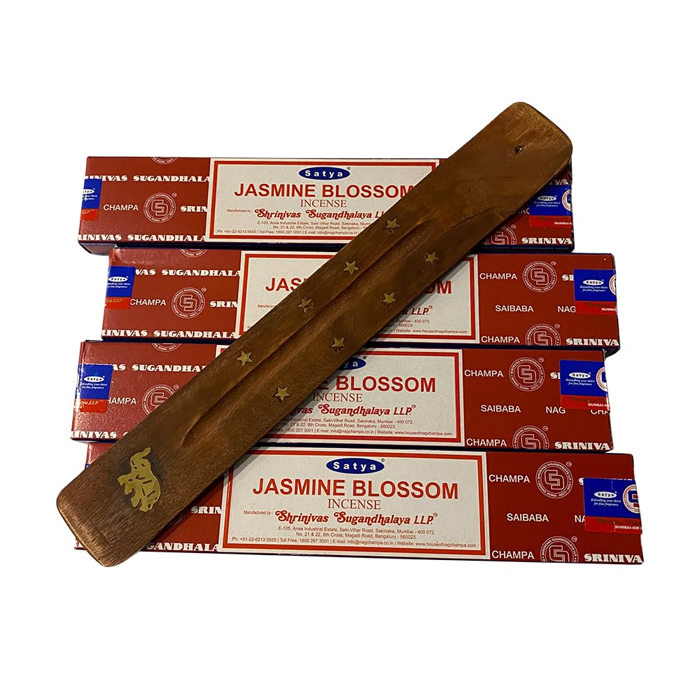 VIE Satya Incense Sticks, 4 Packs x 15g, with Incense Holder, Jasmine Blossom