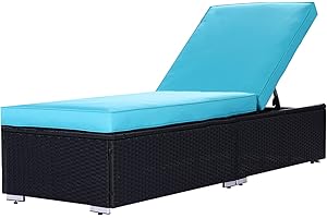 SUNVIVI OUTDOOR Outdoor PE Wicker Chaise Lounge, Patio Lounge Chair Adjustable Reclining Chair for Pool with Removable Cushion, Black and Blue