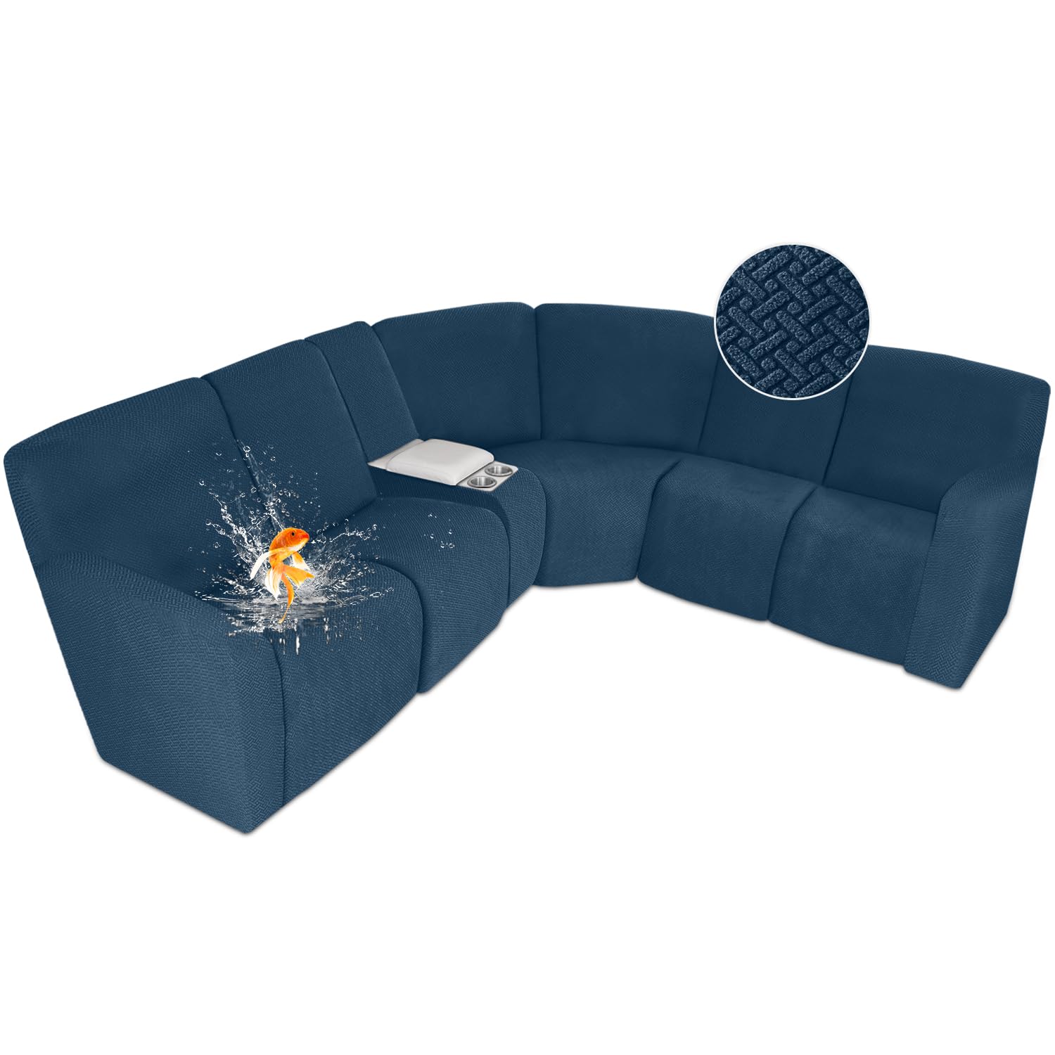 Photo 1 of ALIECOM 100% Waterproof Recliner Sectional Couch Covers L Shape Stretch Corner Reclining Sectional Sofa Cover Washable Recliner Slipcover Protector for Dog Pet (5 Seat and 1 Console, Dark Blue)