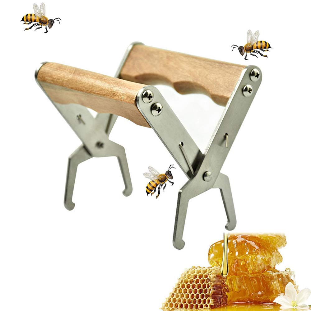 Bee Frame Grip, Beekeeping Frame Holder, Stainless Steel Frame Grip Holder, Bee Frame Lifter Gripper, Stainless Steel Beekeeping Equipment Lift Gripper Tool with Wooden Handle for Beekeepers