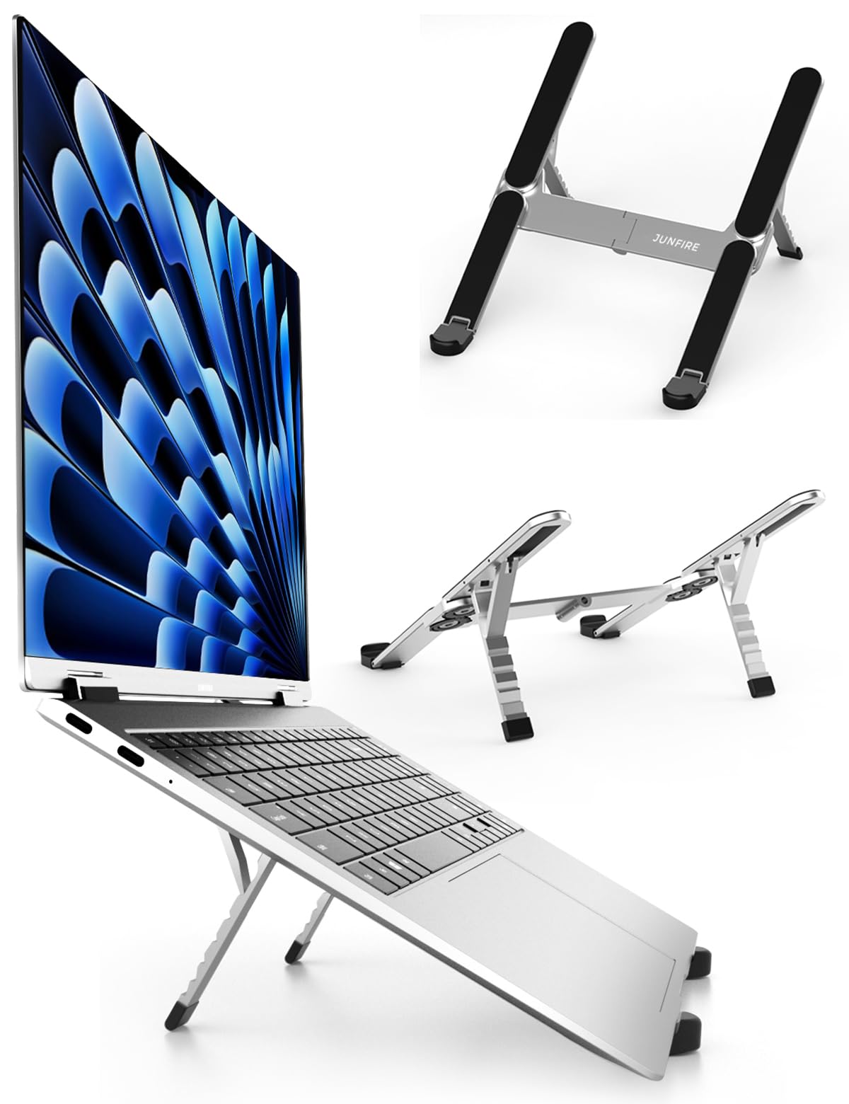 Junfire Laptop Stand for Travel Office, Portable Foldable Laptop Riser with 6 Adjustable Angle, Collapsable Laptop Holder Ventilation Cooling for 10-15.6 Inches MacBook Air, Pro, Lenovo, HP-Sliver