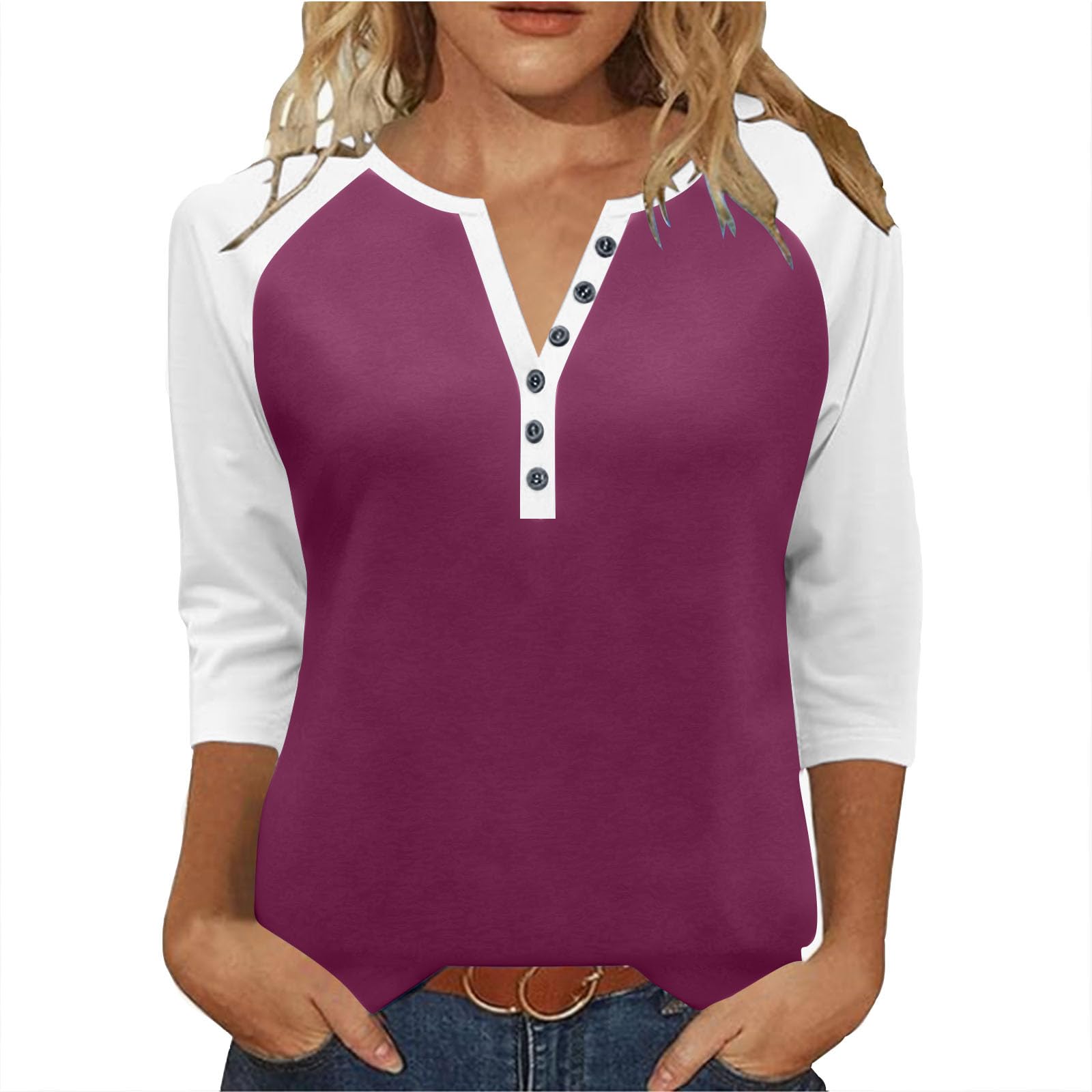 3/4 Length Sleeve Womens Tops Cotton Dressy V Neck