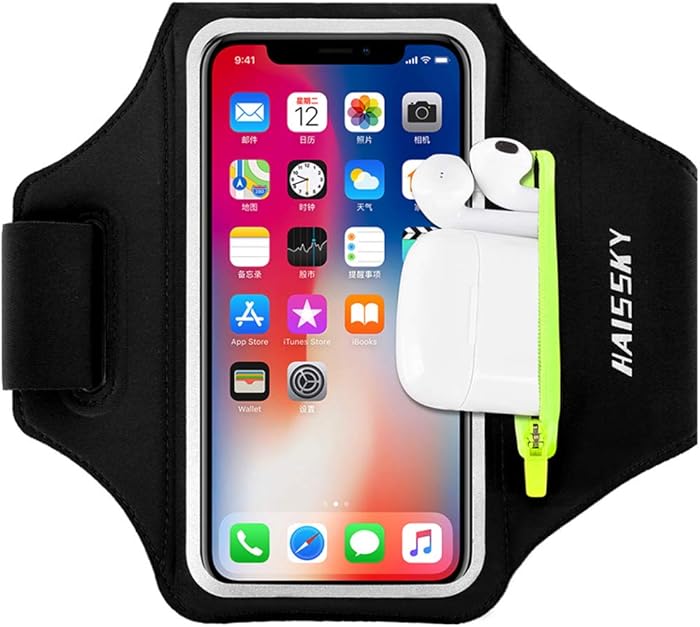 Running Armband with Airpods Bag Cell Phone Armband for iPhone 11/11 Pro/XR/XS/8/7, Water Resistant Sports Phone Holder Case with Touchscreen & Zipper Slot Car Key Holder for 6.5 inches Phone (Black)