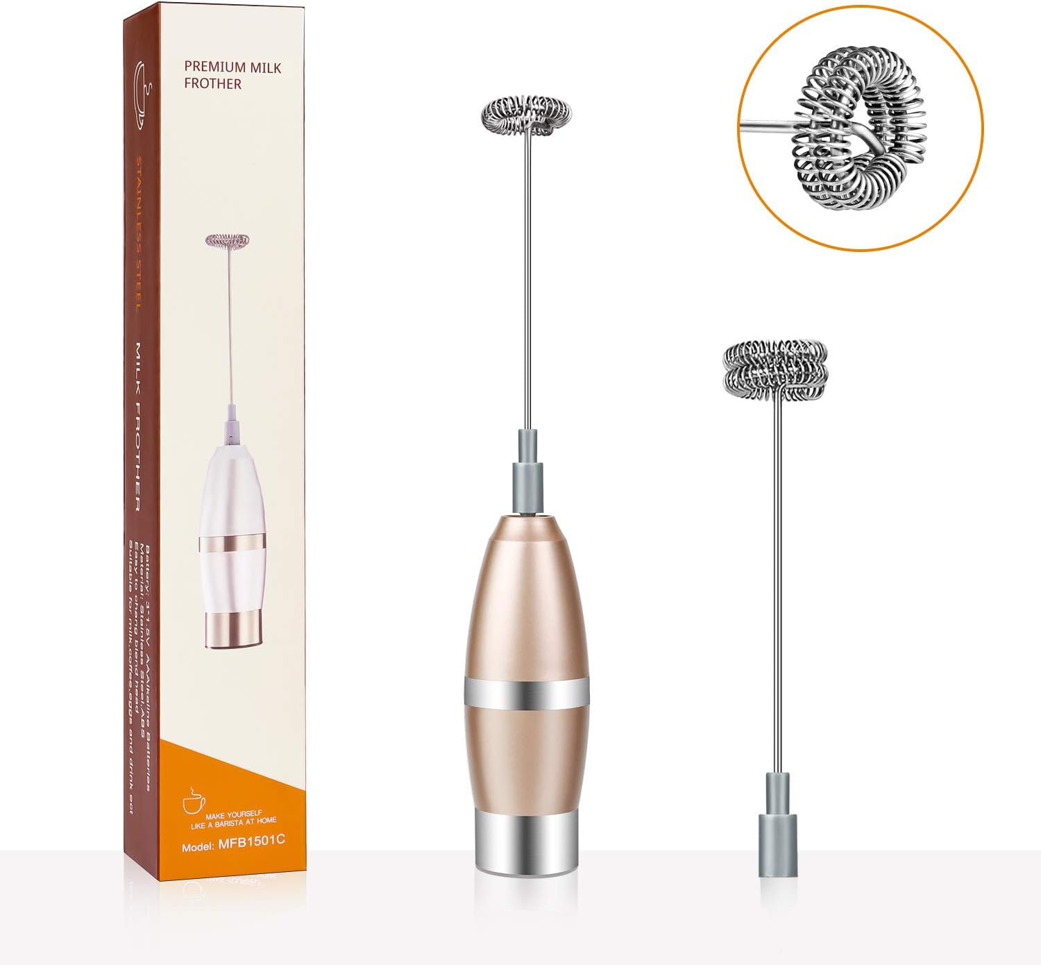 Mixoo 2 19000RPM Powerful Electric Handheld Mini Form Maker with 2 Whisk Head and 1 Cleaning Brush, Stainless Steel