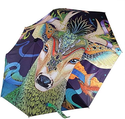 REALBRELLA 3 Fold Designer Umbrella, Compact Waterproof, Windproof, Anti-UV Fiberglass Travel Umbrella Rain/Sun Umbrella with LED Flashlight Handle Outdoor Use (DEER GOD A)