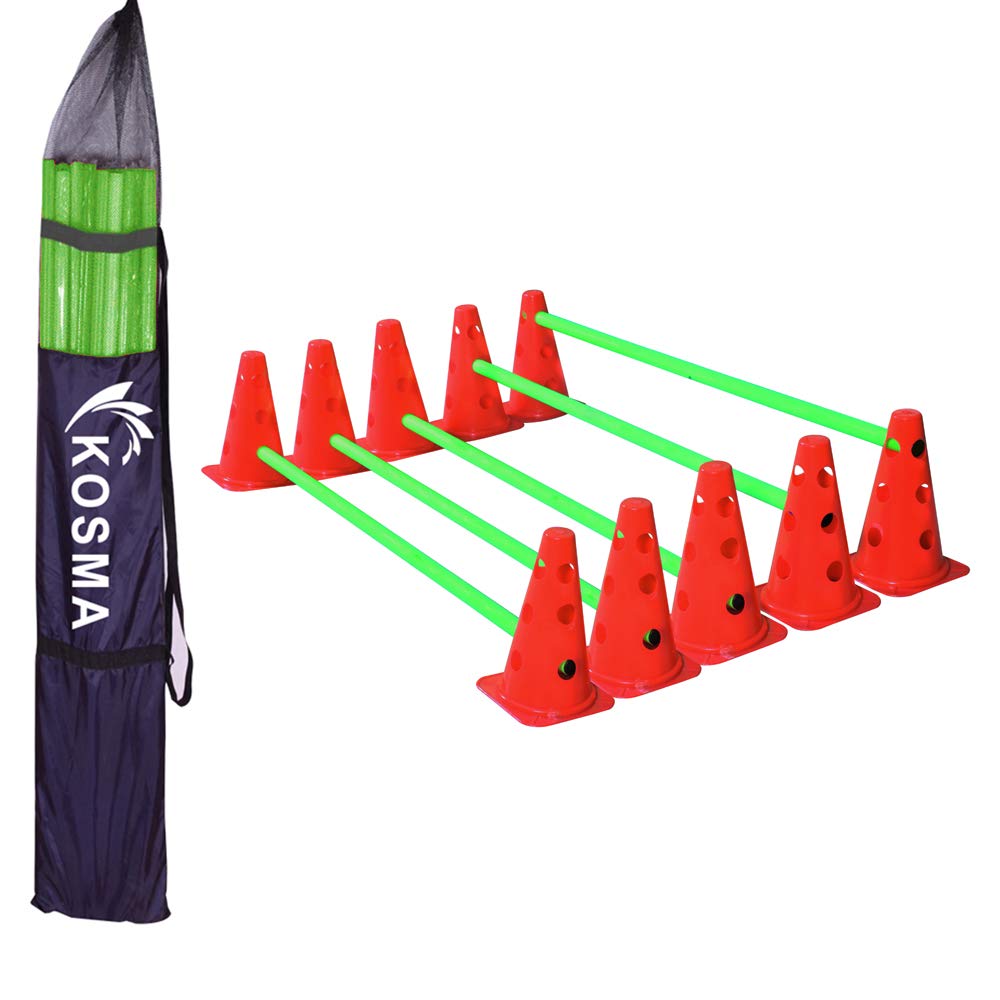 Kosma Pack of 15Pc Multi-functional and Adjustable Agility Hurdle set | Dog Agility Training Set - 10 Durable (9 Inches) Red Cones with 12 holes & 5 Green Poles (40 Inches) - In Carry Bag