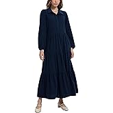 D-Sun Women Corduroy Maxi Dress Casual Long Sleeve Button Down Fall Winter Shirt Long Tiered Flowy Corduroy Dress with Pocket