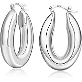 PABBEU Chunky Silver Hoops Earrings for Women, Hypoallergenic Lightweight 925 Sterling Silver Oval Hoop Earring, Sterling Silver Thick Hoop Earrings for Women 25/28/30/38/40mm