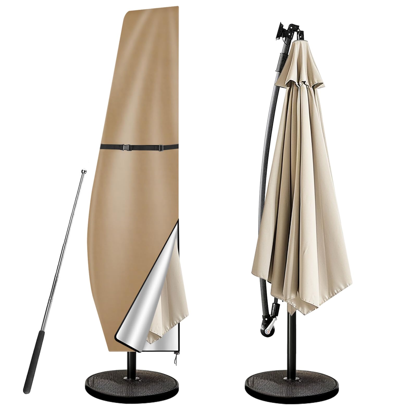 wiipara Parasol Cover with Rod, Parasol Protective Cover fit for Waterproof UV-Block Windproof Large Umbrella Cover with Zip and Storage Bag for Garden Outdoor (Khaki, 265x40x70/50(bottom) cm)