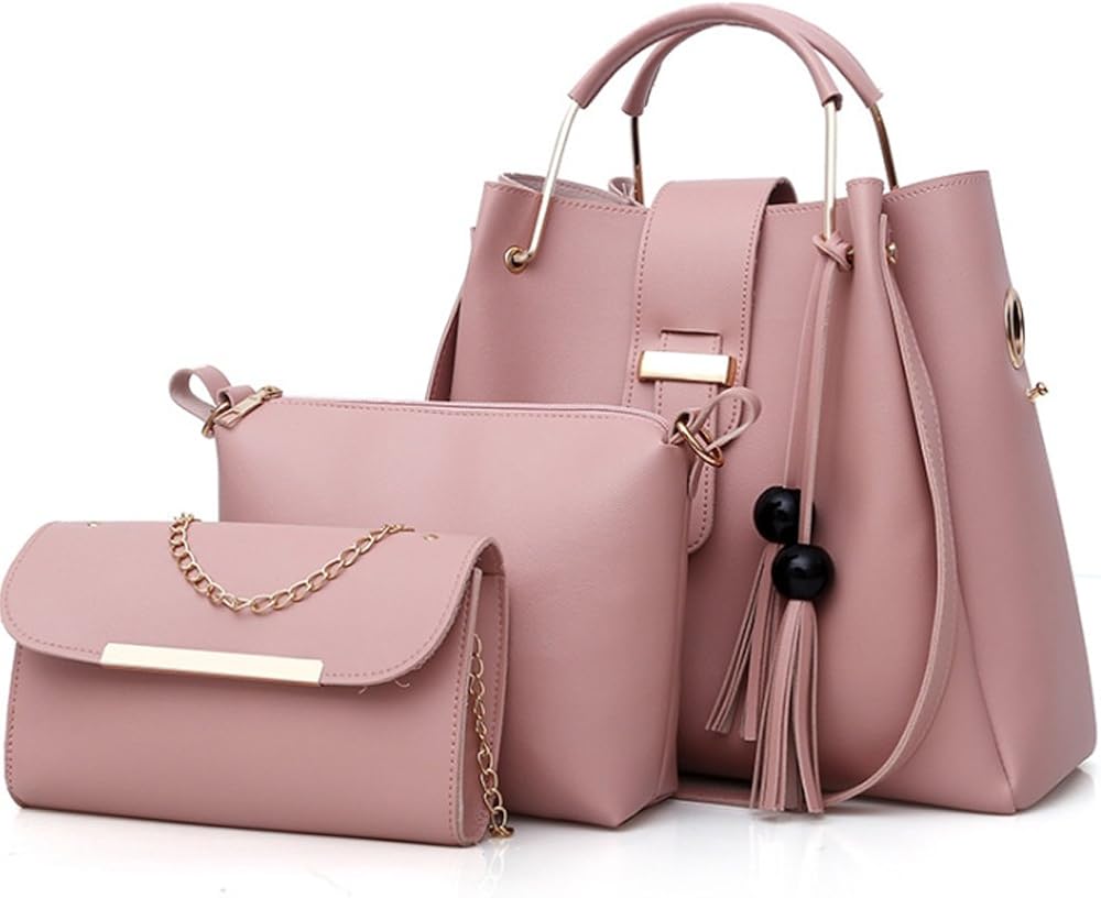 FiveloveTwo Women's Purse and Handbags 3 Pcs Bag Set PU Leather Tassel Totes Clutch Satchels Top Handle Shoulder Crossbody Bags Pack Pink