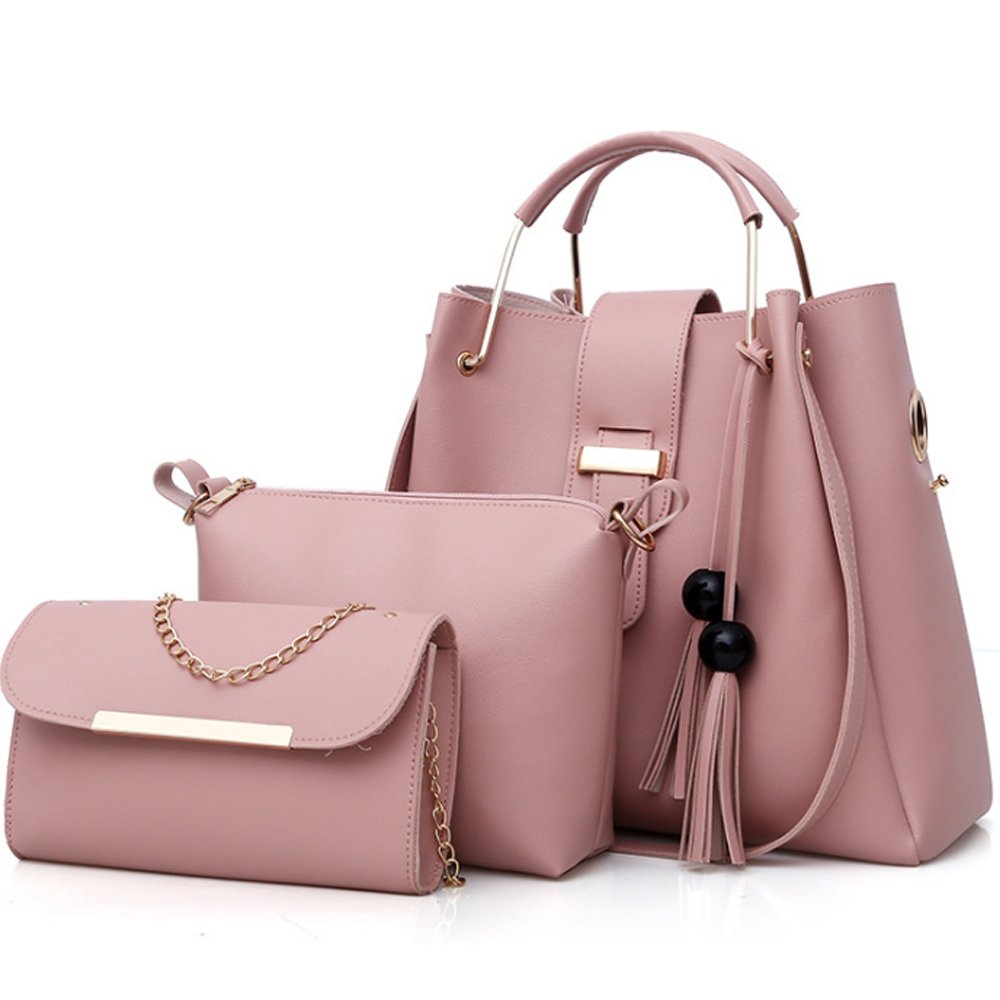 FiveloveTwo Women's Purse and Handbags 3 Pcs Bag Set PU Leather Tassel Totes Clutch Satchels Top Handle Shoulder Crossbody Bags Pack Pink