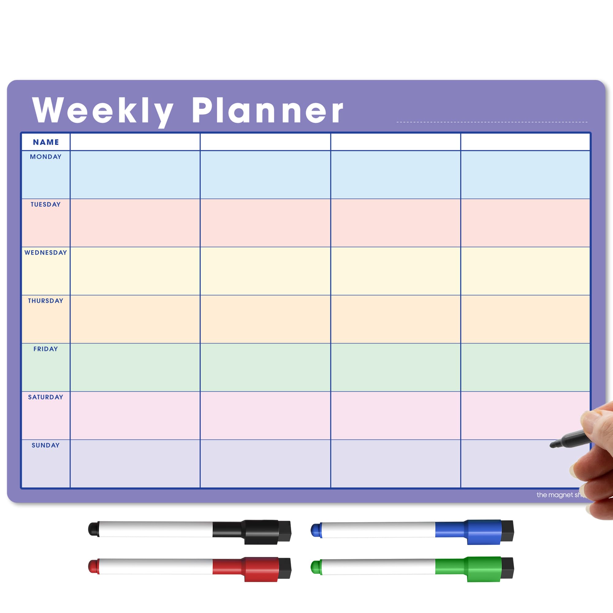 TMS A3 Magnetic Weekly Planner and Organiser – Fully Customisable Whiteboard for Family or Business Tasks and Meal Planning - with 4 Free Magnetic Dry Wipe Pen (Purple - Multi-Coloured, A3)