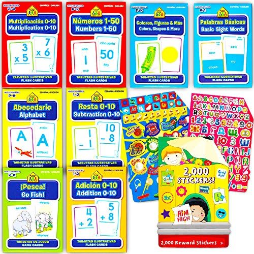 School Zone Spanish Flash Cards Super Set Toddler Kids -- 8 Bilingual Packs and Stickers (ABCs, Numbers, Colors, Shapes, Animals and More!)