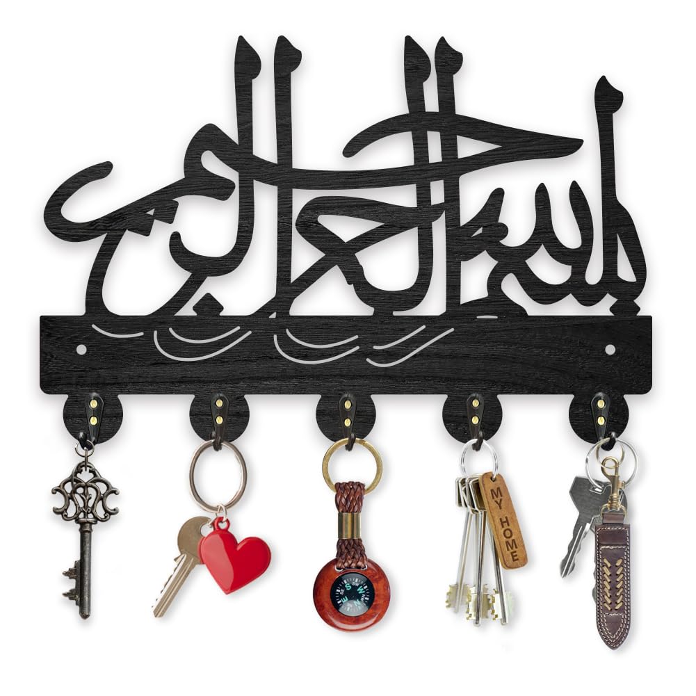 MAYJOYDIY Arabic Wood Key Hanger for Wall 30×20cm in The Name of The Most Merciful God Key Holder Key Rack 5 Alloy Hooks Black Wall Art Decor for Gift Living Room Office