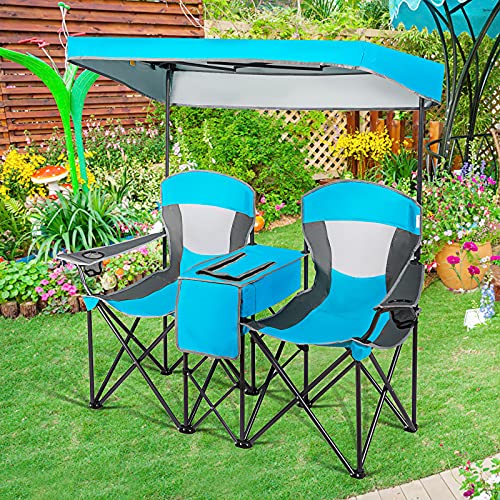 Goplus Double Camping Seat W Shade Canopy Mini Table Beverage Holder Carrying Bag For Beach Patio Pool Park Outdoor Portable Folding Beach Chairs Blue Pricepulse