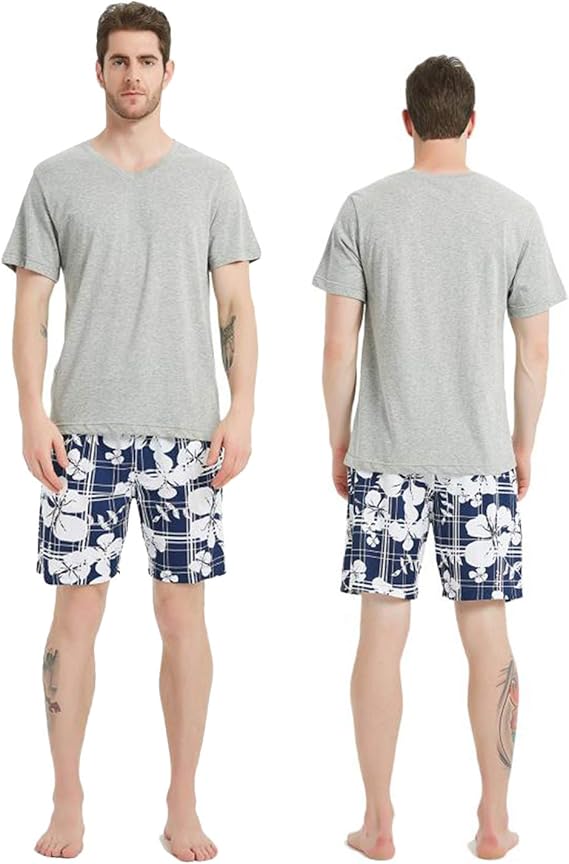 Men Pajama Shorts Set Short Sleeve Sleep Set VNeck PJ Set 2 Piece Set