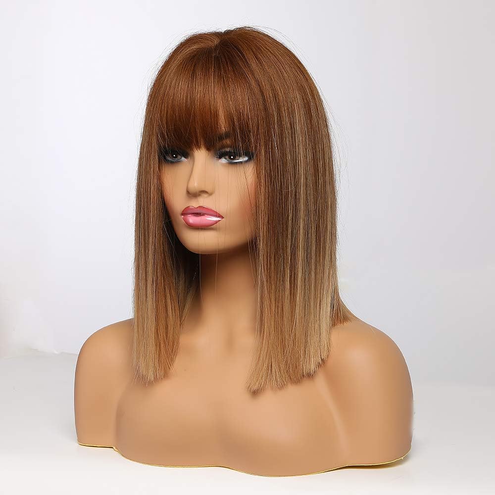 EMMOR Ombre Brown Bob Wigs With Bangs - Heat Resistant Synthetic Wigs, Ombre Brown Gold, 2 Piece Set - Image 4