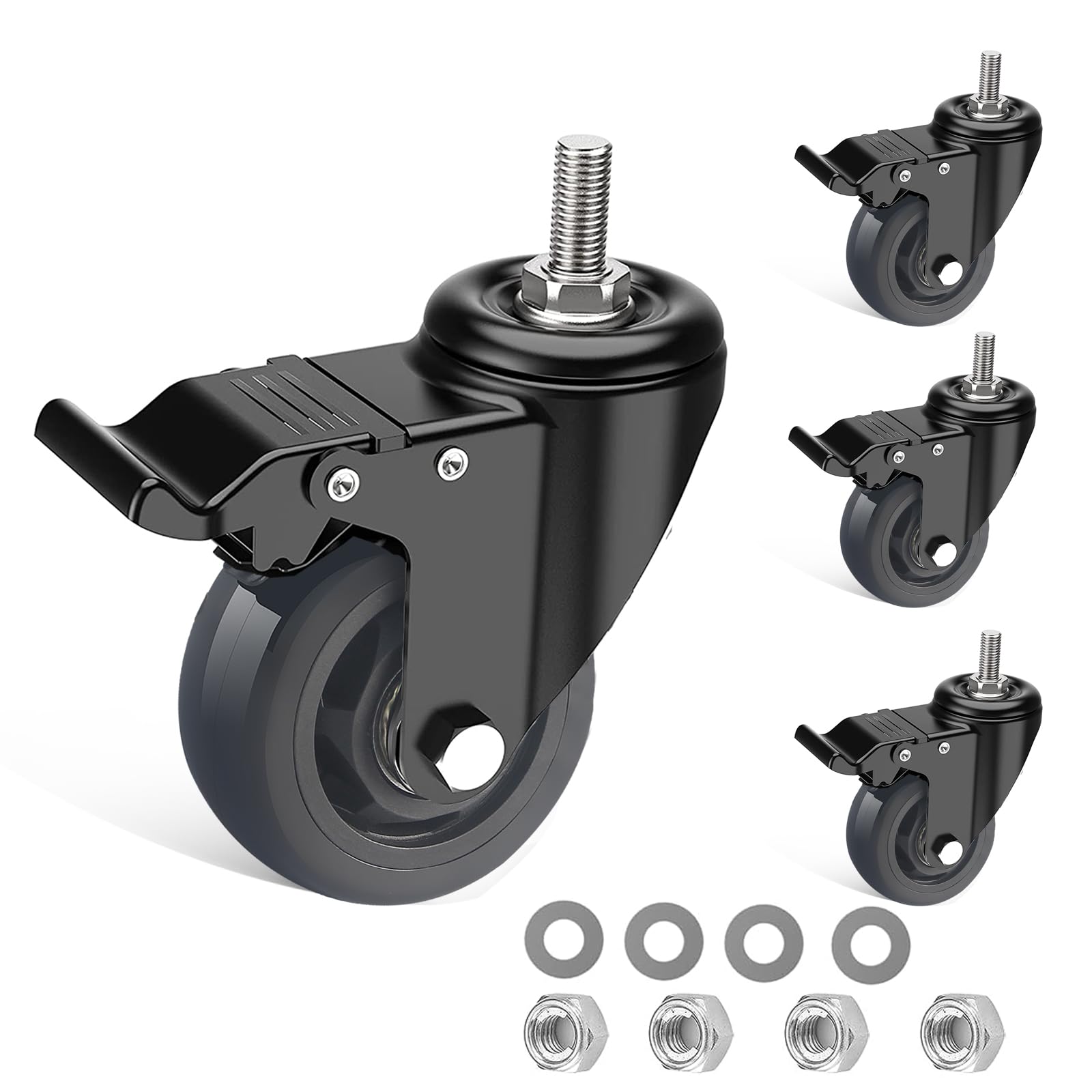 IQWTU Heavy Duty Castor with Brake, 75MM Furniture Castors with M10 X 30mm Screw Stem, PU Rubber Casters Trolley Wheels, 4 Transport Castors 360° Rotation up to 400KG