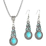 Vitaltyextracts Water Drop Shaped Bohemian National Style Turquoise Alloy Necklace and Earrings Set (Silver)