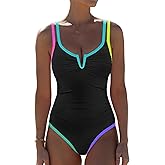 popvil Women One Piece Swimsuits Tummy Control - Sexy Cutout V Neckline Neon Bathing Suit Slimming Swim Suits