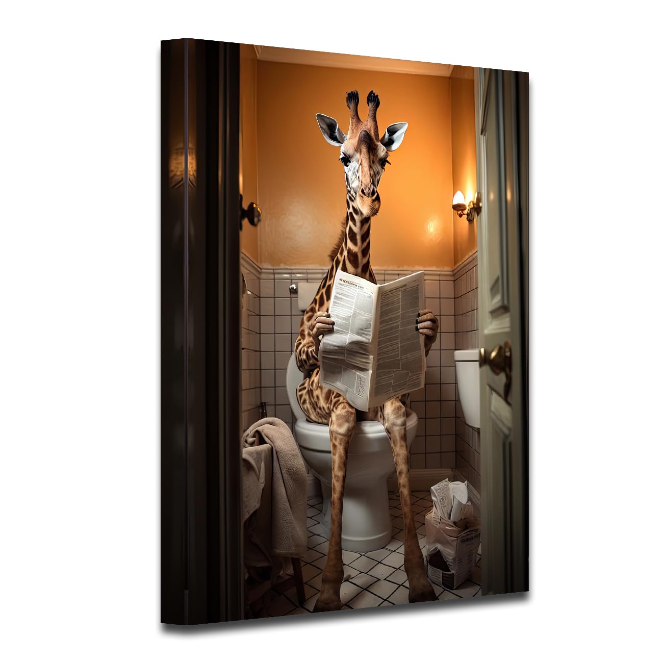 CXHOSTENT Bathroom Wall Decor Giraffe Sitting on Toilet Reading Newspaper Canvas Prints Funny Animal Bathroom Picture for Restroom Baby Room Decor (A-2, 30.00 x 45.00 cms)