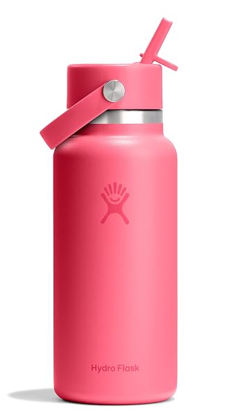 HYDRO FLASK WATER BOTTLE – INSULATED STAINLESS STEEL – WIDE MOUTH FLEX STRAW LID, NON SPILL, LEAKPROOF AND REFILLABLE IN 32 OZ POPSTAR PINK