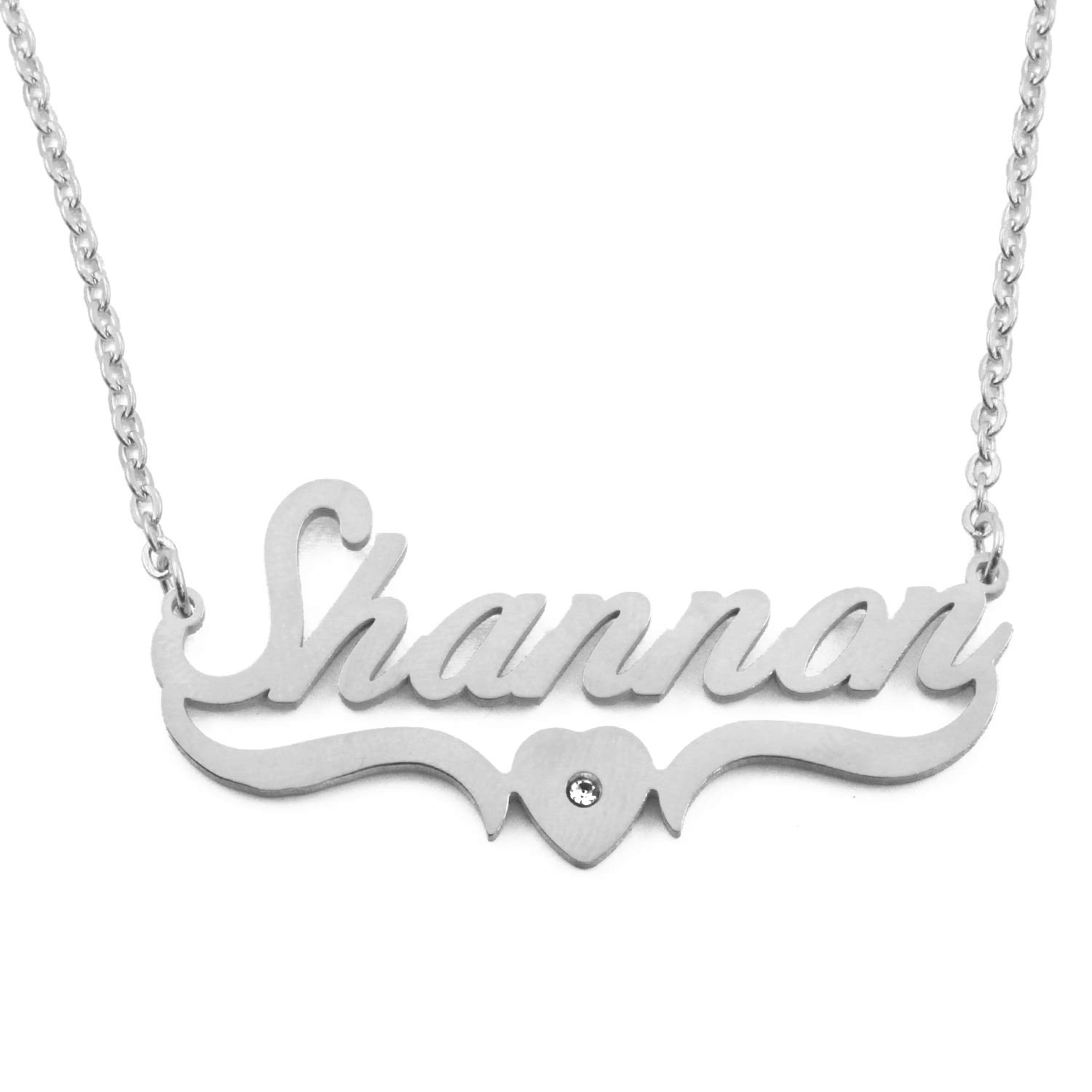 Kigu Shannon Personalised Heart Shaped Name Necklace Adjustable Chain - Silver Tone - Incl Gift Packaging