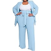 IyMoo Plus Size Suits for Women Business Open Front Long Sleeve Blazer Elastic Waist Solid Straight Leg Pant Set Suits