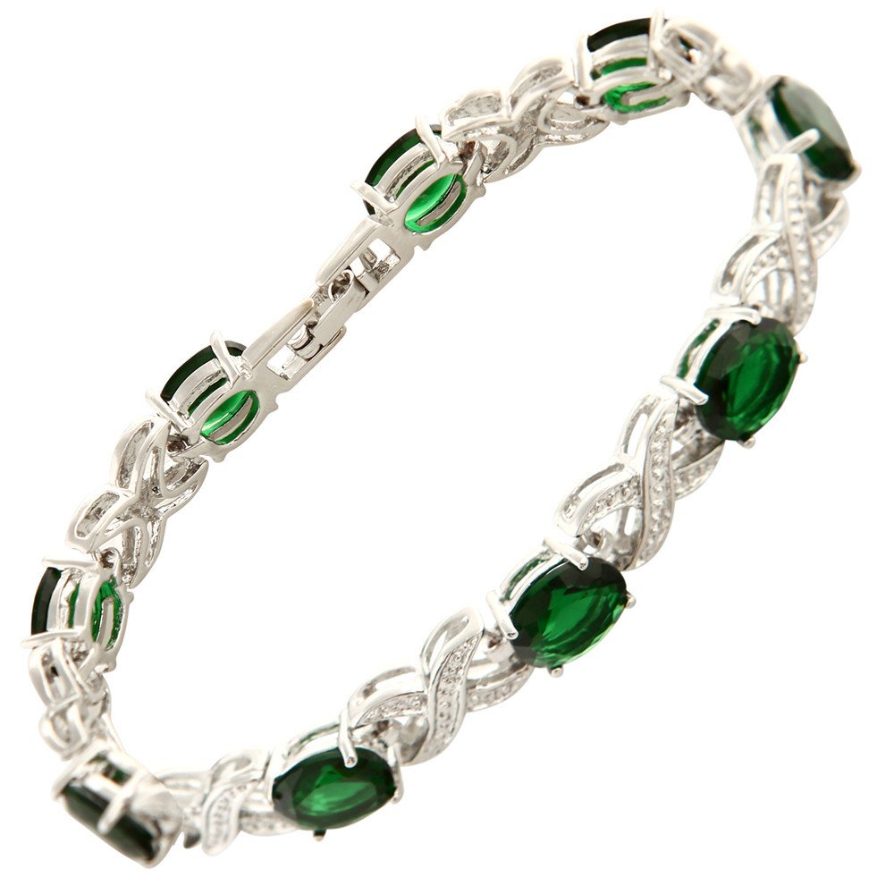 RIZILIA XOXO Link Tennis Bracelet [18cm/7inch] with Oval Cut Gemstones CZ [Green Emerald] in 18K White Gold Plated, Simple Modern Elegance