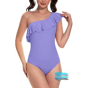 Beautikini One Piece Period Swimwear Menstrual One Shoulder Ruffle Swimsuit | 4-Layer Leakproof, Removable Pads, Breathable S