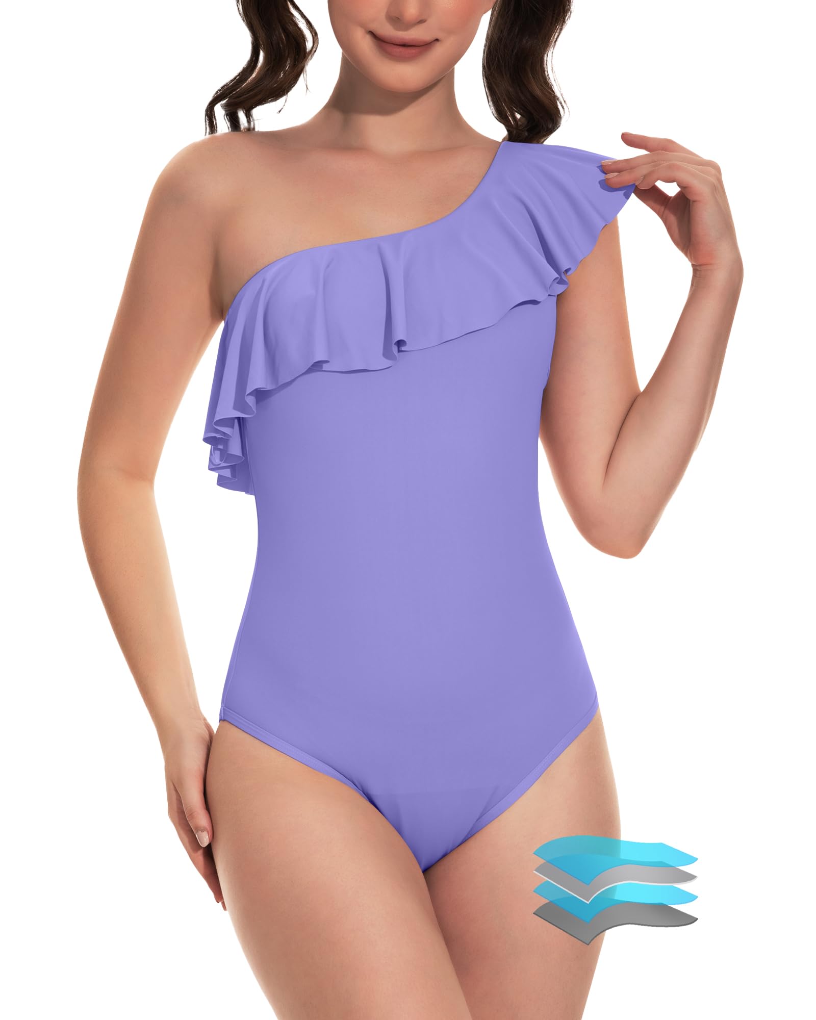 Photo 1 of Beautikini Period Swimwear One Piece Menstrual Leakproof Swimsuit One Shoulder Ruffle Bathing Suits for Girls Teens Purple
